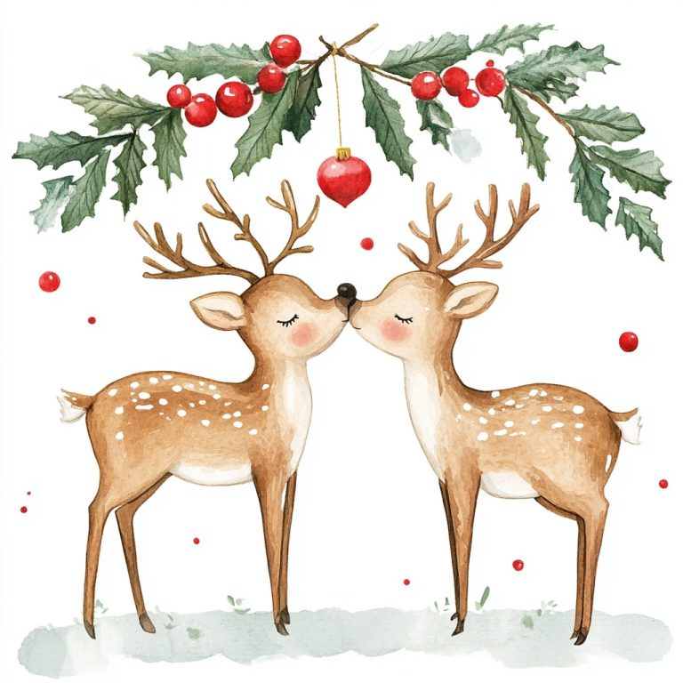 Watercolor Reindeer Mistletoe Kissing