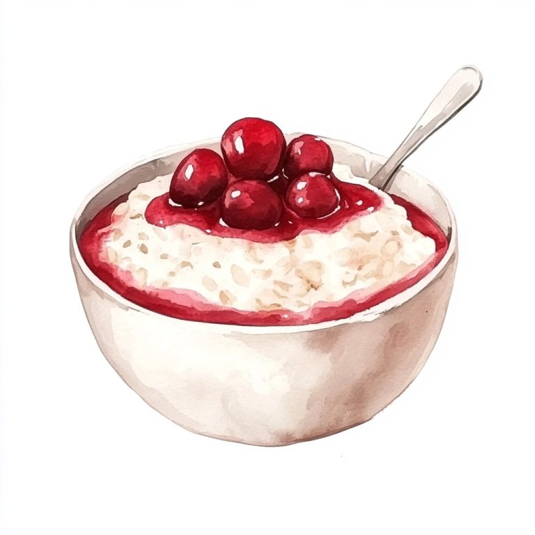 Watercolor Risalamande with Cherry Sauce