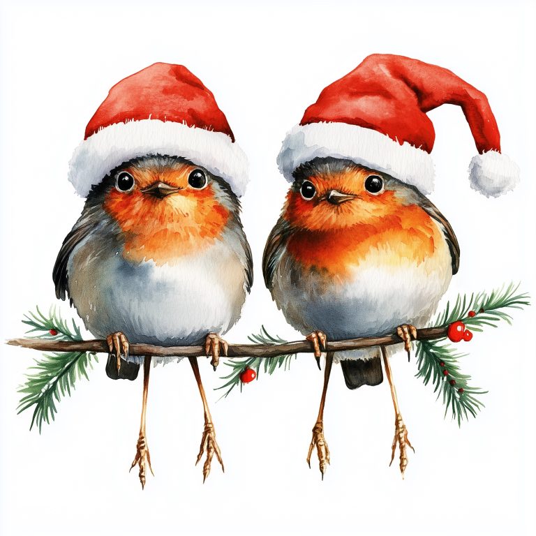 Watercolor Robins in Santa Hats