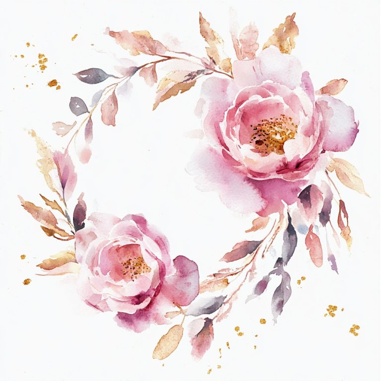 Watercolor Rose Wreath with Gold