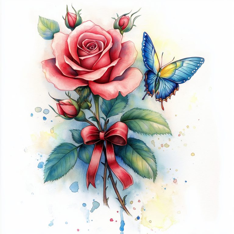 Watercolor Rose with Butterfly