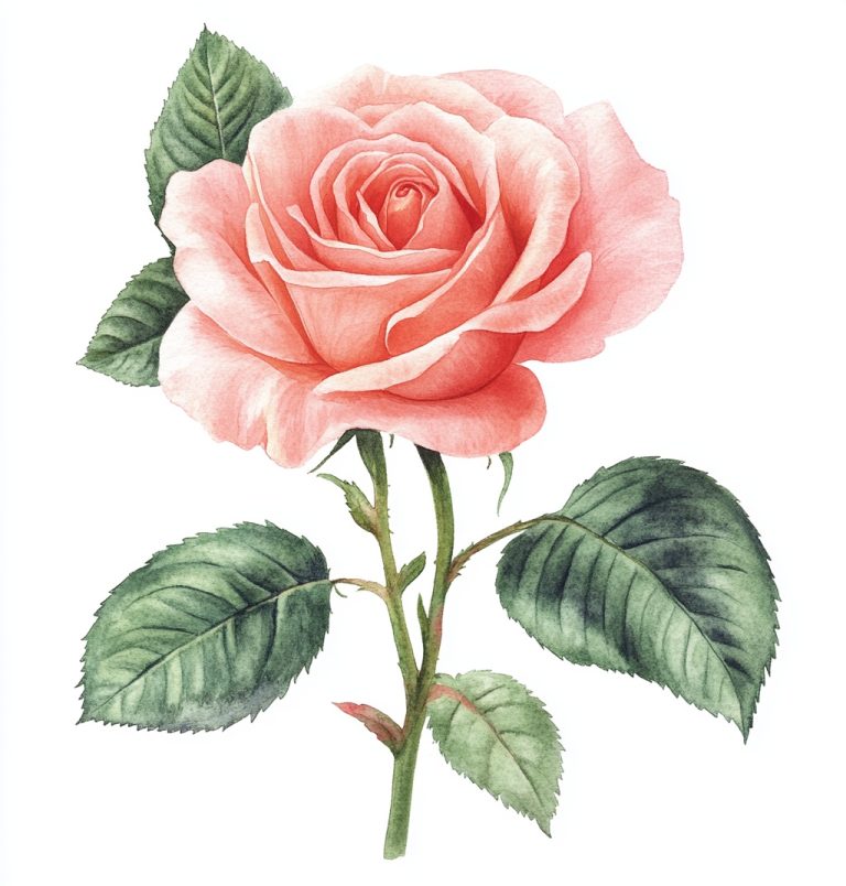 Watercolor Rose with Leaves