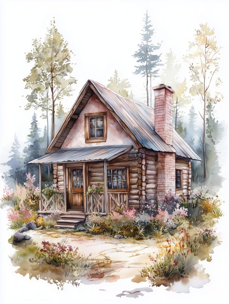Watercolor Rustic Cottage Scene