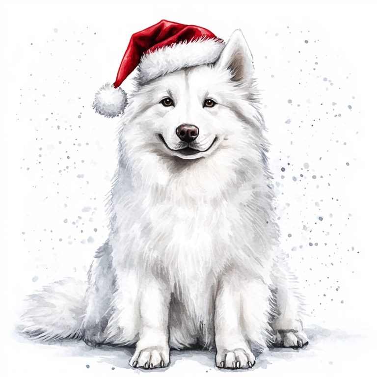 Watercolor Samoyed with Santa Hat