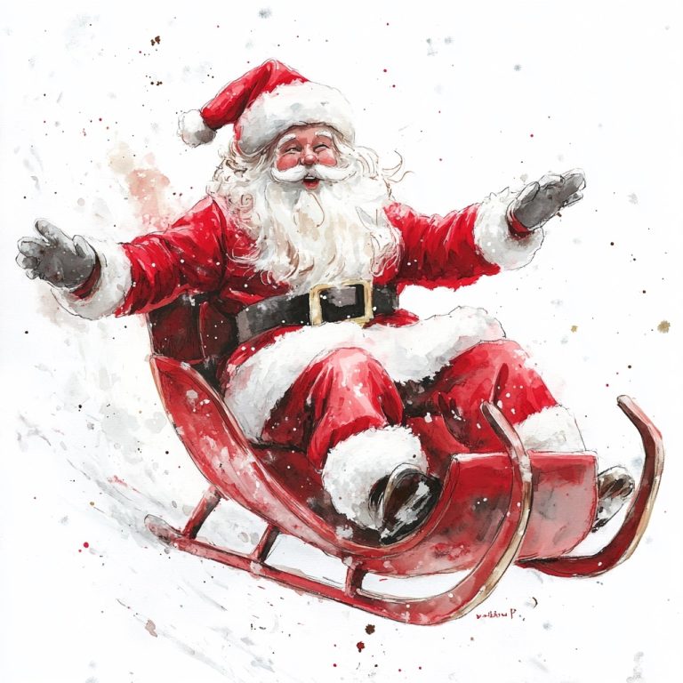 Watercolor Santa Sledding