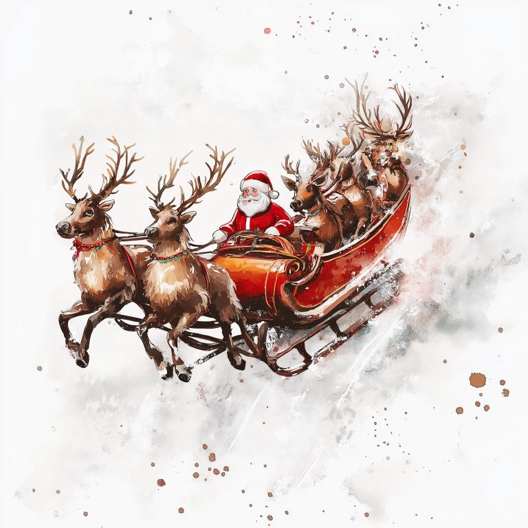 Watercolor Santa Sleigh Flight 1