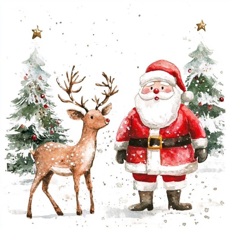 Watercolor Santa and Reindeer