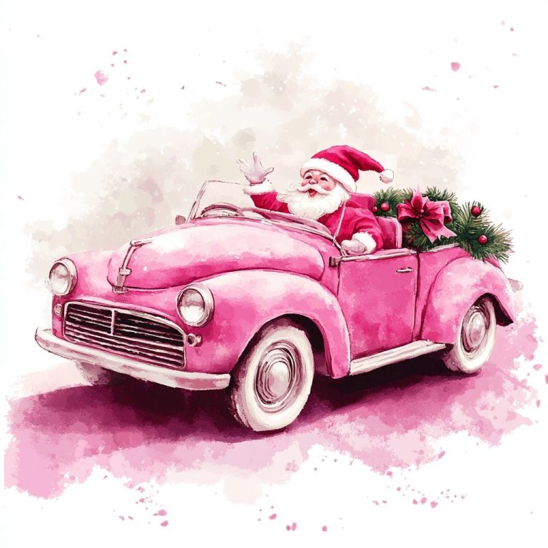 Watercolor Santa in Pink Car