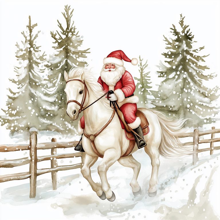 Watercolor Santa on Horse