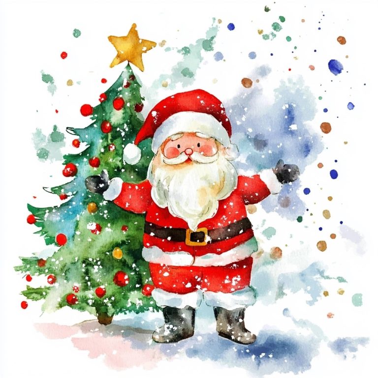 Watercolor Santa with Tree