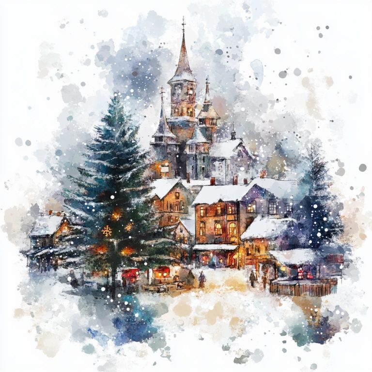 Watercolor Santas North Pole City