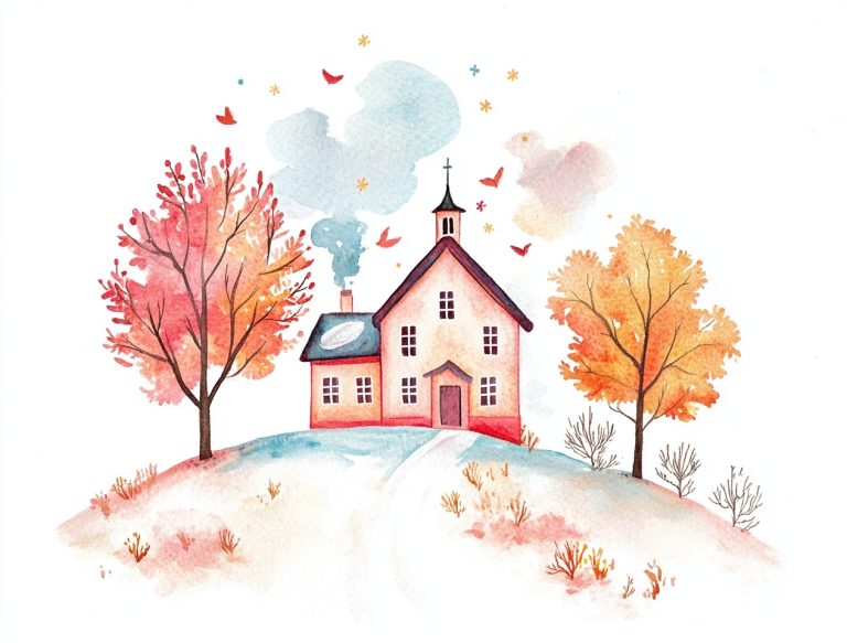 Watercolor Schoolhouse on Hill