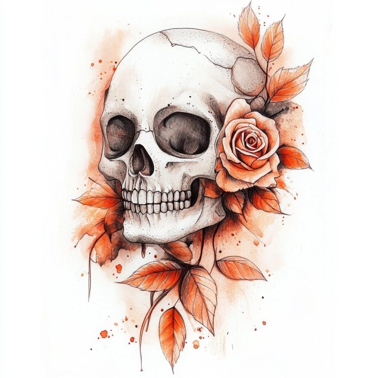 Watercolor Skull with Rose