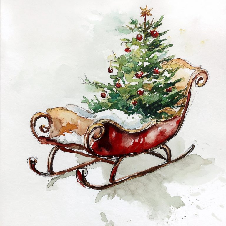 Watercolor Sleigh with Tree