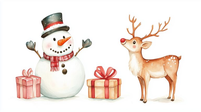 Watercolor Snowman and Reindeer scaled