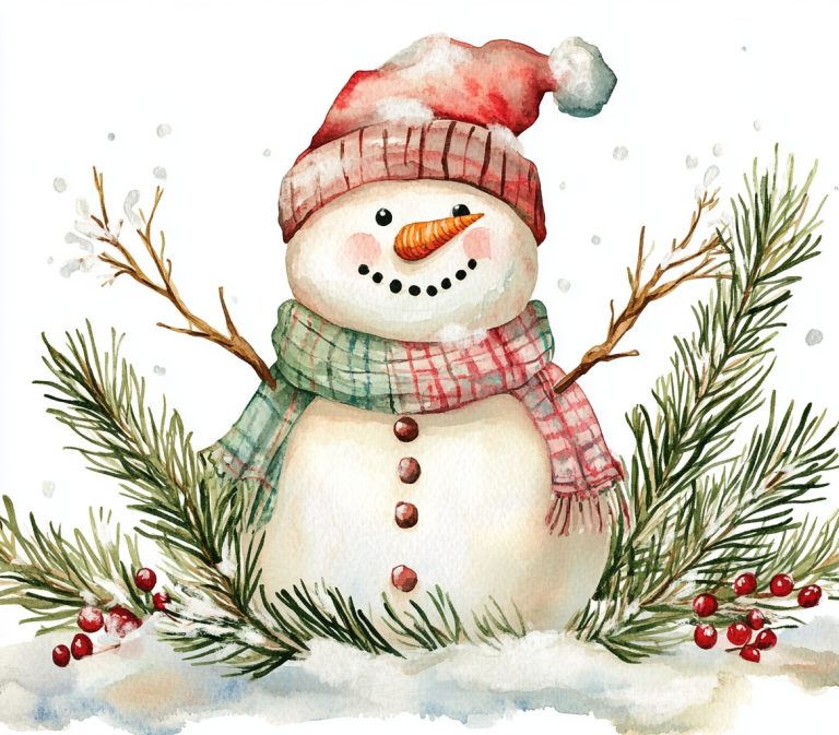 Watercolor Snowman with Pines