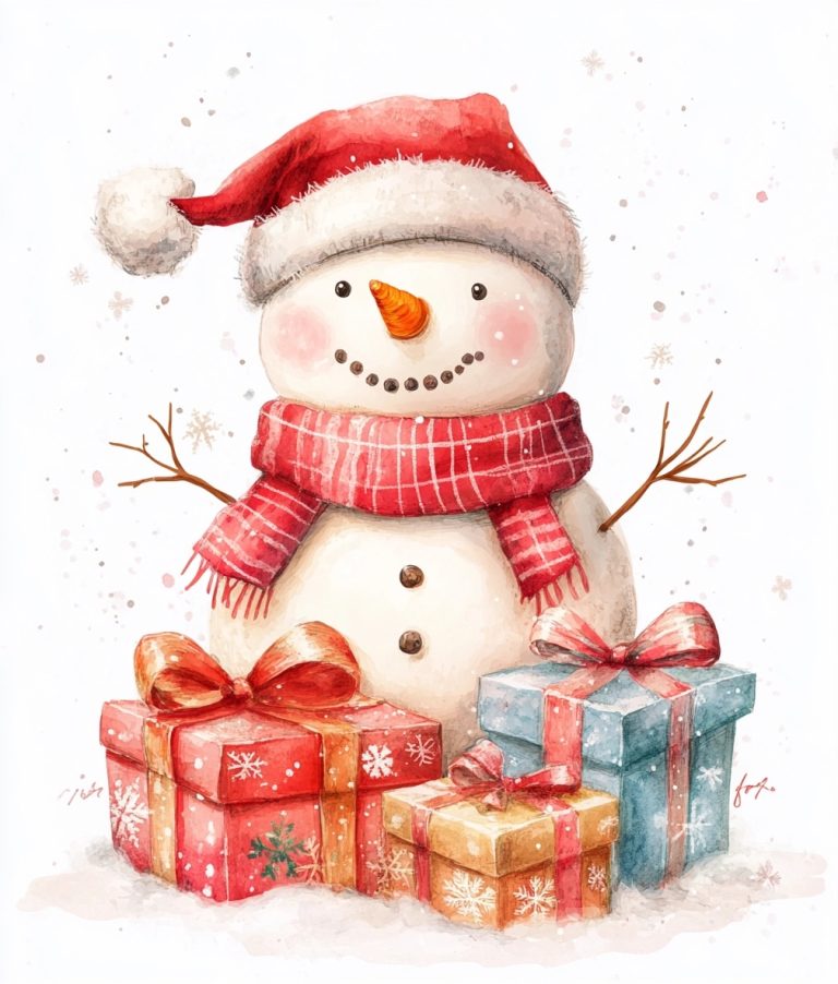 Watercolor Snowman with Presents 1