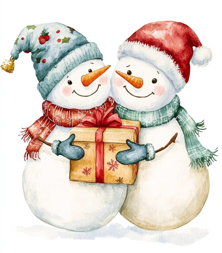 Watercolor Snowmen Embracing Gift