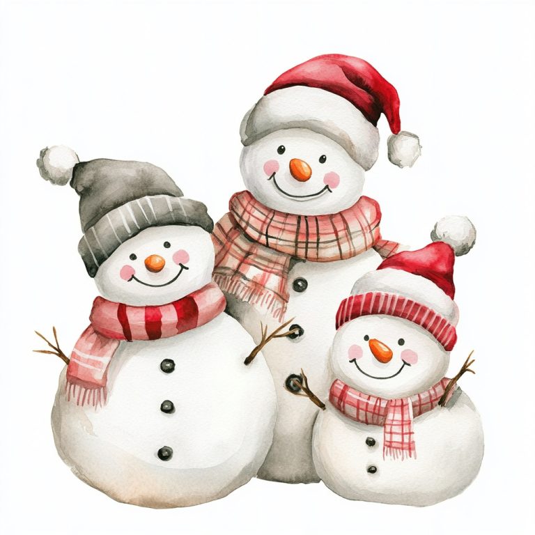 Watercolor Snowmen Family Scene