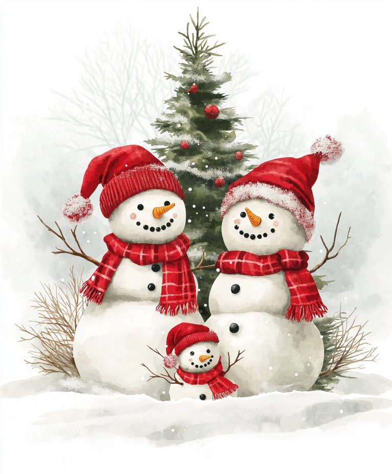 Watercolor Snowmen by Tree