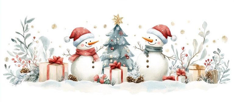 Watercolor Snowmen with Christmas Tree