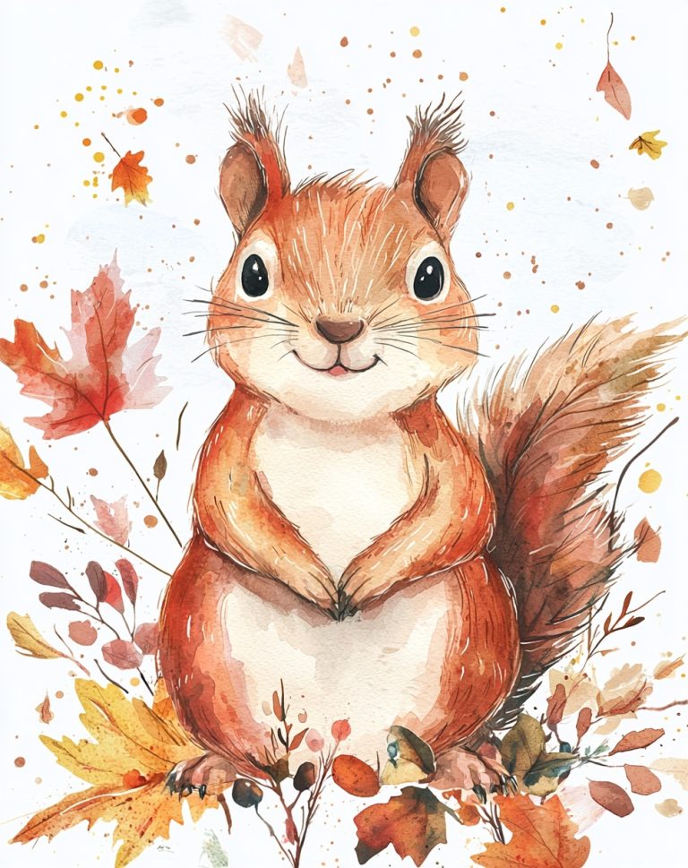 Watercolor Squirrel in Autumn