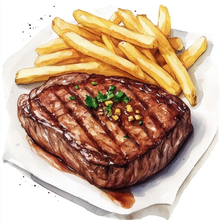 Watercolor Steak with Fries