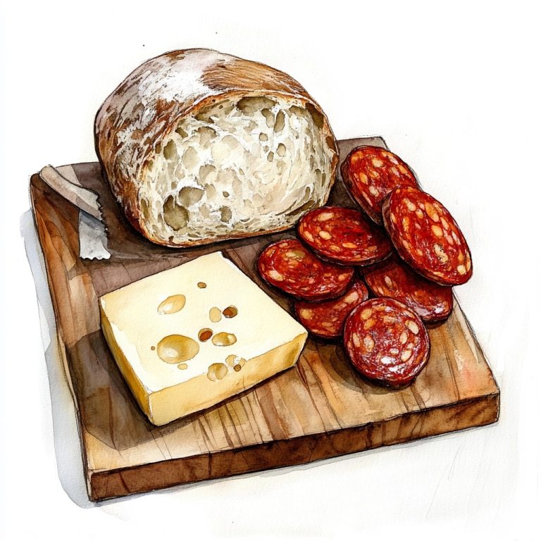 Watercolor Still Life Chorizo Bread Cheese