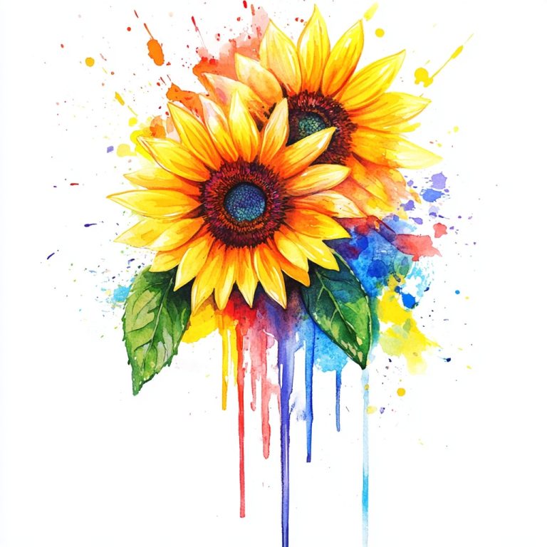 Watercolor Sunflower with Rainbow Drips