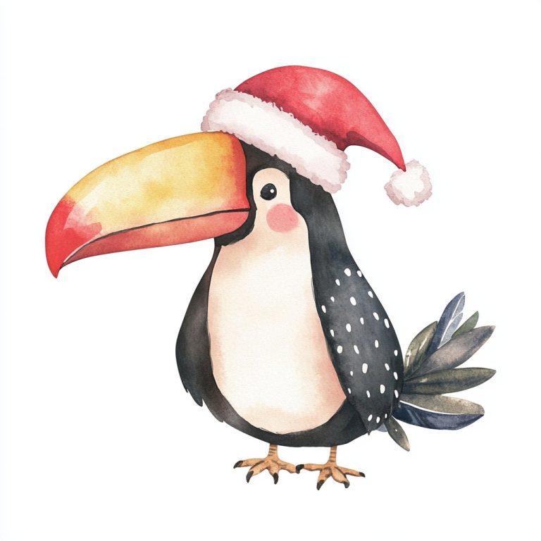 Watercolor Toucan in Santa Hat