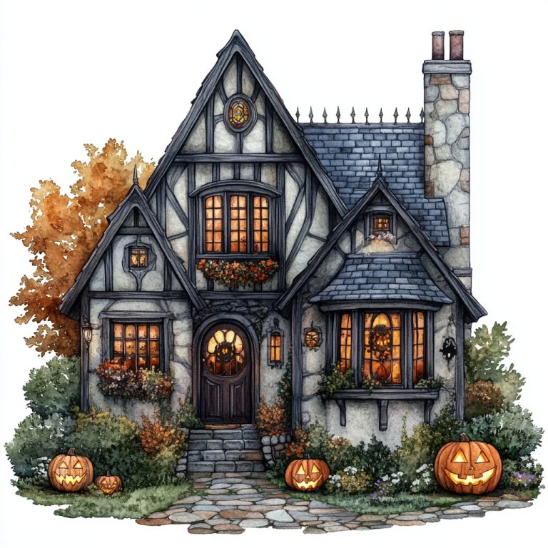 Watercolor Tudor House Halloween