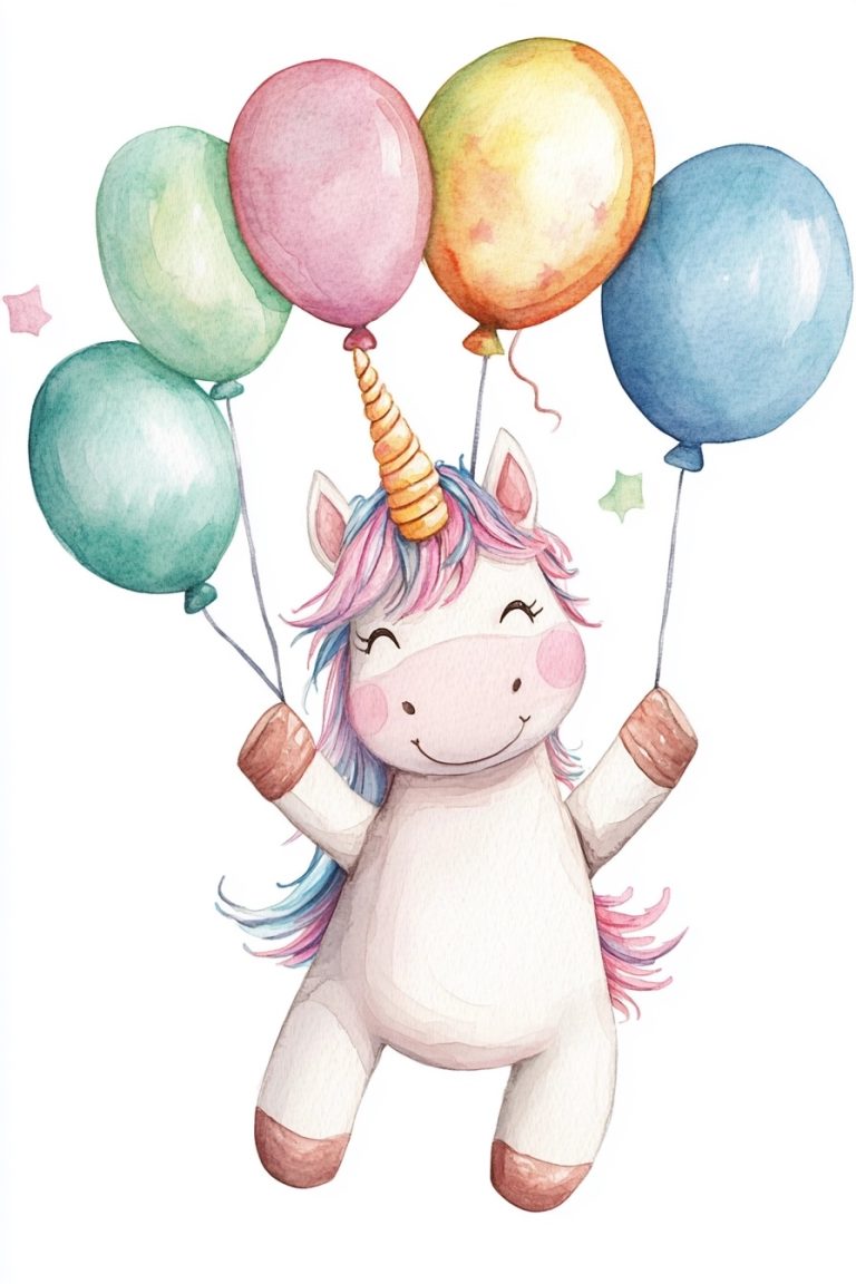 Watercolor Unicorn with Balloons