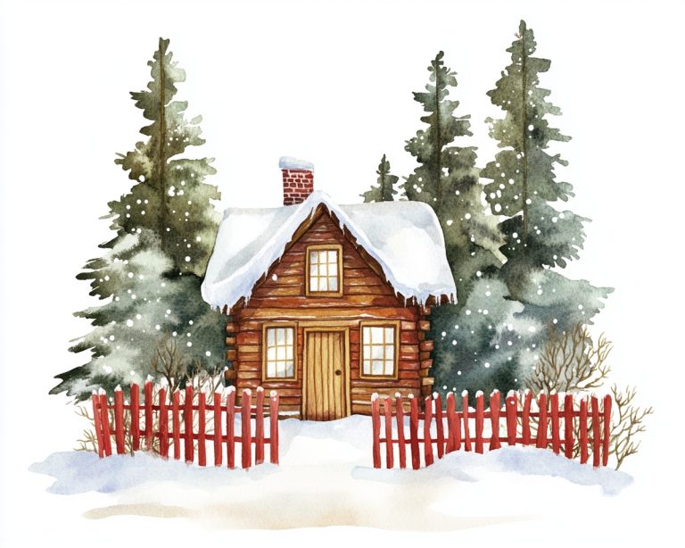 Watercolor Winter Cabin Scene