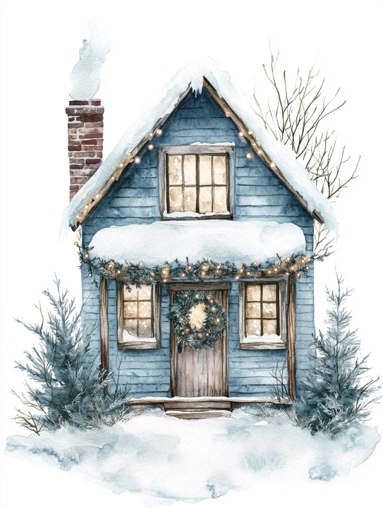 Watercolor Winter Cottage Clipart