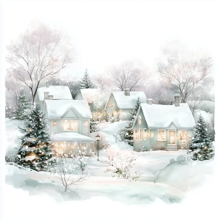 Watercolor Winter Village Scene