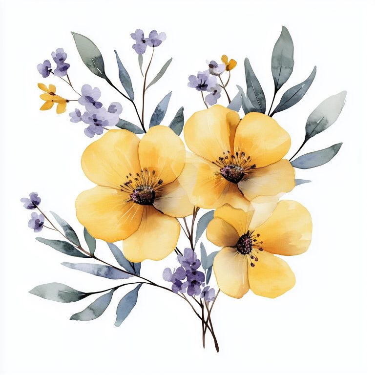 Watercolor Yellow and Purple Flowers