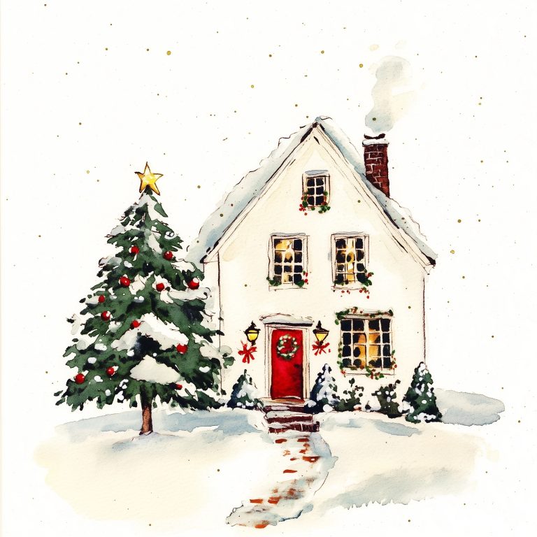 Watercolored Christmas House Scene