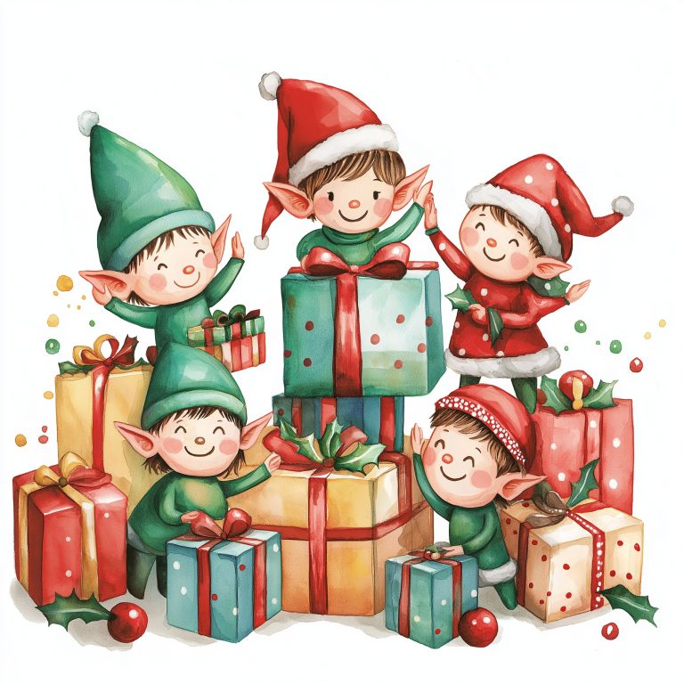 Watercolour Elf Children Wrapping Presents