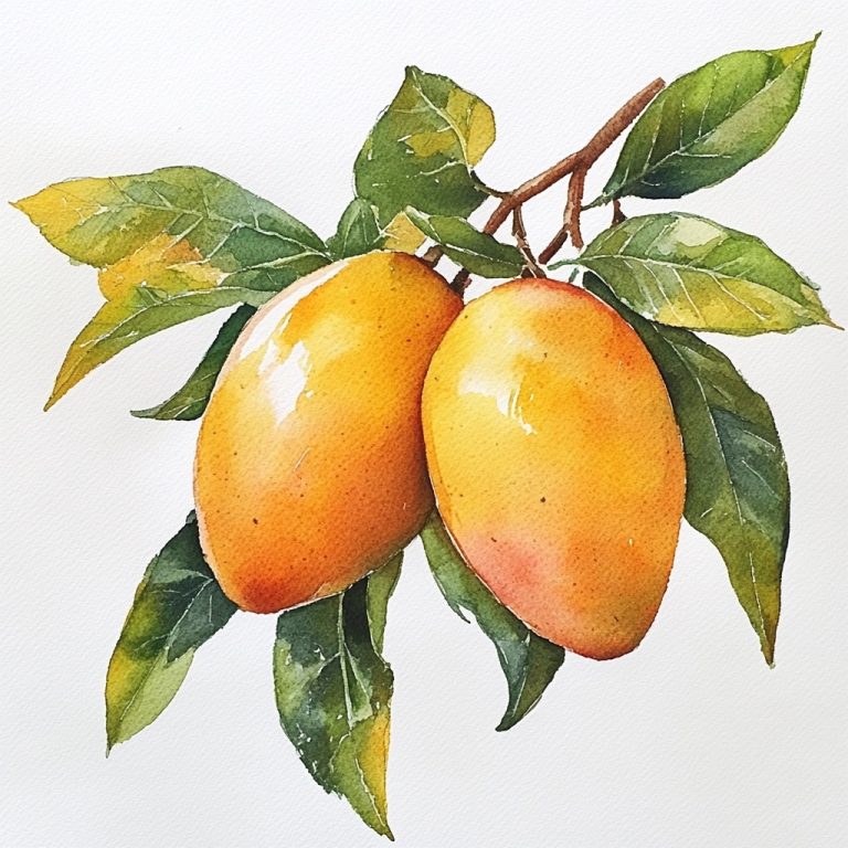 Watercolour Mango and Leaves