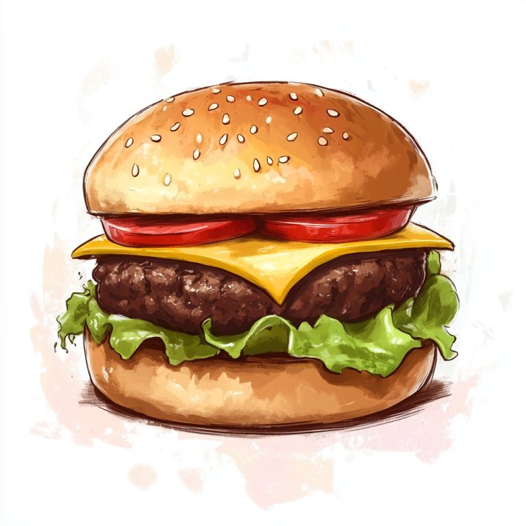 Whimsical Burger Delight A Colorful Cartoon Illustration of a Classic Hamburger