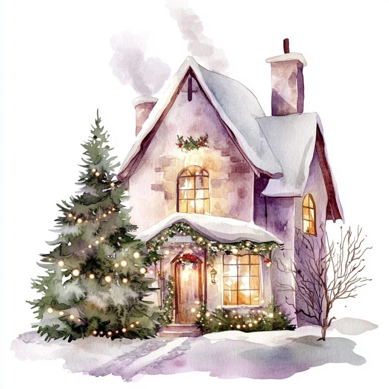 Whimsical Christmas House Watercolor