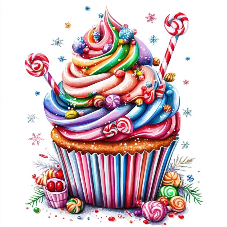 Whimsical Confectionery Delight A Colorful Cupcake Surrounded by Sweet Treats and Festive Accents