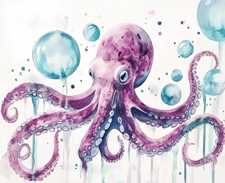 Whimsical Octopus Watercolor Scene