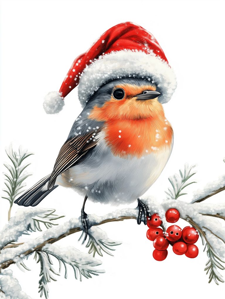 Whimsical Robin in Santa Hat