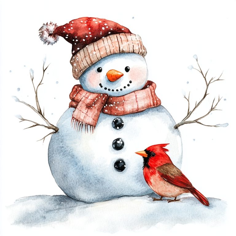 Whimsical Snowman and Cardinal