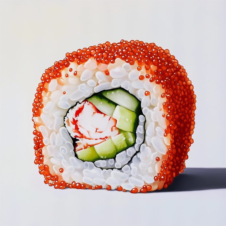 Whimsical Sushi Delight A Vertical Cut Up Roll Showcasing Crab Rice and Fresh Vegetables Against a Pristine White Canvas