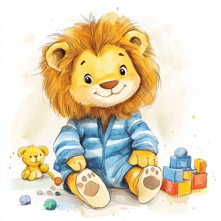 Whimsical Watercolor A Baby Lion in a Striped Jacket Surrounded by Toys in a Cheerful Nursery