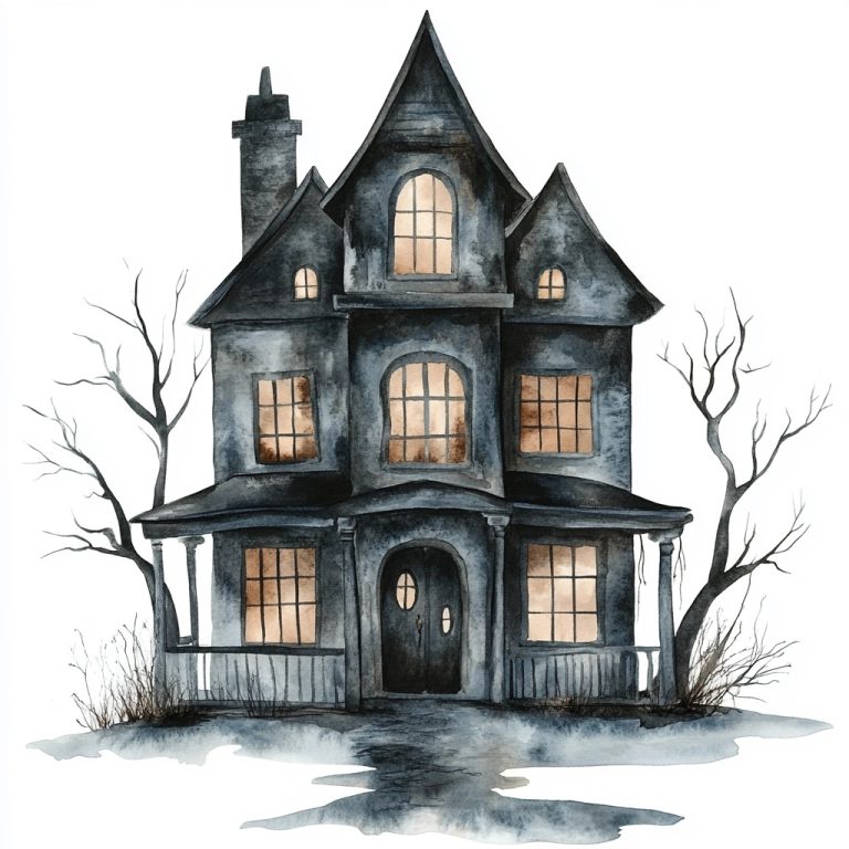 Whimsical Watercolor Haunted House Illustrations on a Crisp White Canvas