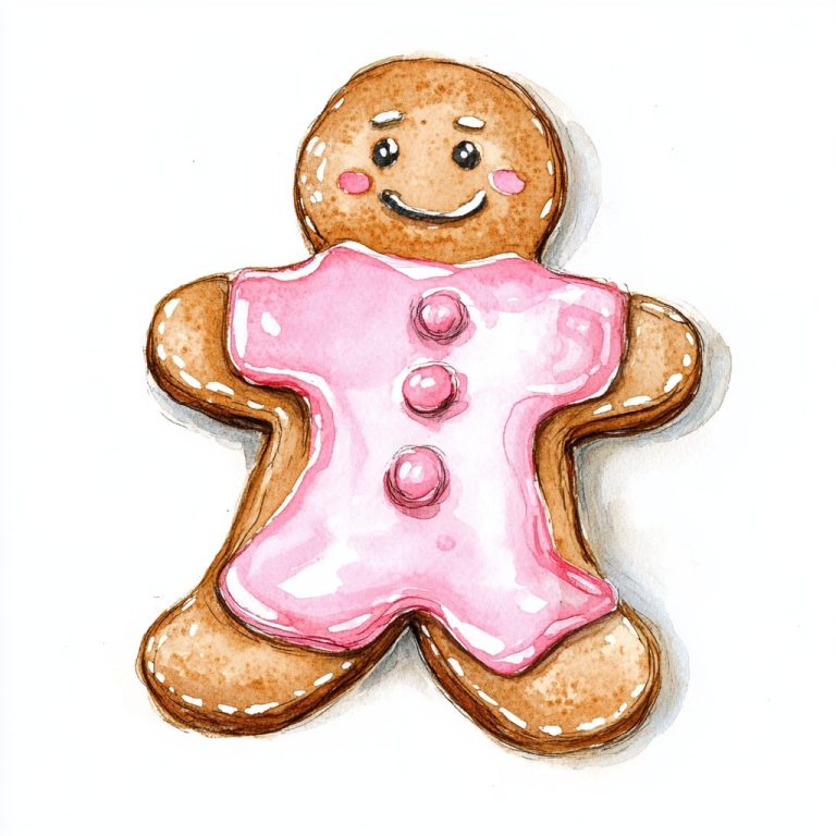 Whimsical Watercolor Illustration of Christmas Gingerbread Adorned with Pink Icing on a Crisp White Canvas