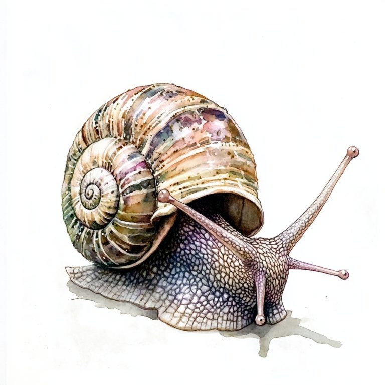 Whimsical Watercolor Portrait of a Forest Snail on a Pristine White Canvas